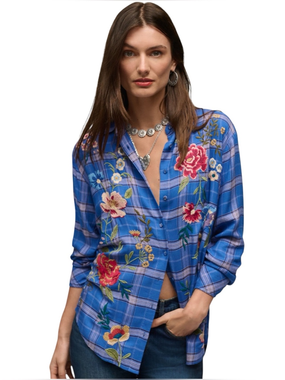Johnny Was Shirt Womens M Blue Plaid Floral Embroidered Mila Oversized Blouse